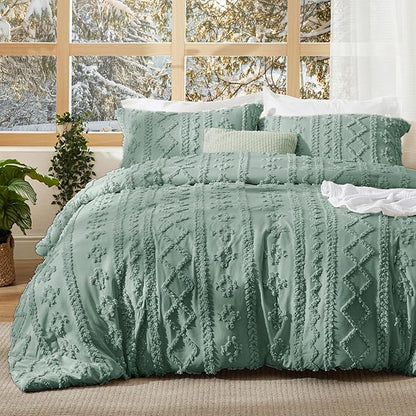 Bedsure Tufted Boho Comforter Set Twin Size - Green Boho Bed Set, GentleSoft™ 2 Pieces Farmhouse Shabby Chic Embroidery Bedding, Gifts for Woman, Soft Jacquard Twin Comforter for All Seasons