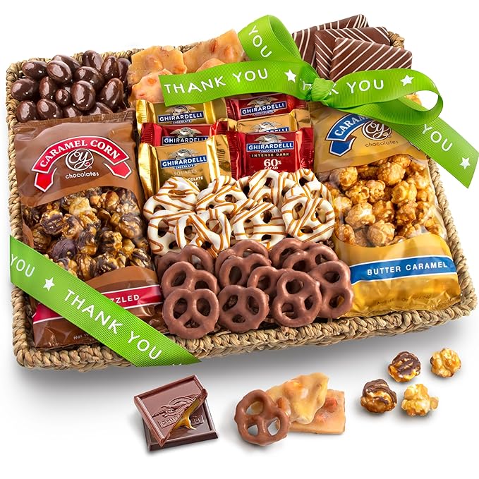 A Gift Inside Thank You Chocolate Caramel and Crunch Grand Gift Basket with Snacks, Pretzels, Ghirardelli and Chocolate-covered Nuts