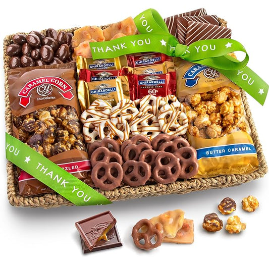 A Gift Inside Thank You Chocolate Caramel and Crunch Grand Gift Basket with Snacks, Pretzels, Ghirardelli and Chocolate-covered Nuts