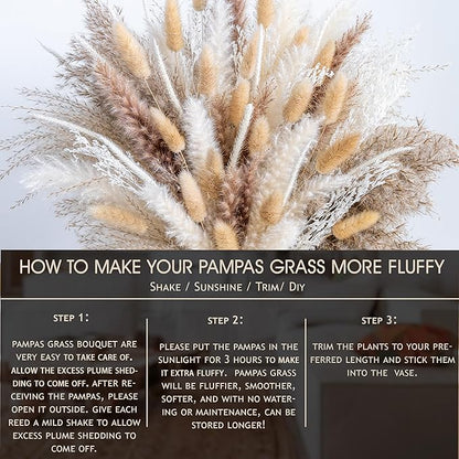 150pcs Pampas Grass + 1 White Ceramic vase + 1 Wood Bead Garland , Boho Home Decor Bouquet Phragmites Dried Flowers Bouquet for Wedding Floral Arrangements Home Decorations