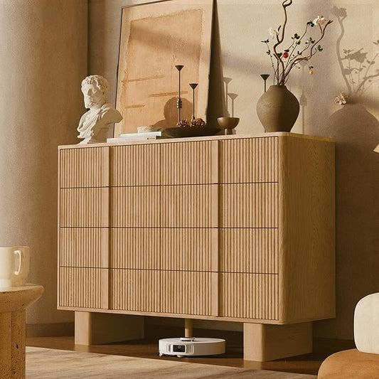 Fluted Dresser for Bedroom with 8 Drawers,47" Wide Modern Chest of Drawers with Wooden Handle, Wooden Dresser TV Stand, Wood Closet Clothes Storage Organizer for Living Room, Hallway, Light Oak