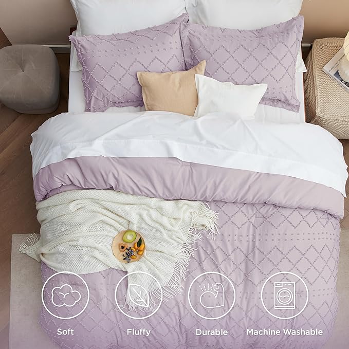 Bedsure Twin XL Comforter Set - Lavender Comforter, Boho Tufted Shabby Chic Bedding for Kids, 2 Pieces Vintage Farmhouse Bed Set for All Seasons, Fluffy Soft Bedding with 1 Pillow Sham