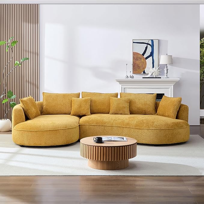125'' Modern Curved Cloud Sofa Luxury Living Room 5 Seater Combo Sofa Cloud Curve Design Mid Century Upholstered Sofa with Ottoman for Living Room Bedroom Apartment (Boucle+Left Facing, Yellow)