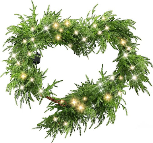 6 Ft Christmas Norfolk Pine Garland with 100 LED Lights, Dense Norfolk Pine Real Touch Garland, Artificial Greenery Garlands for Christmas Holiday Mantle Fireplace Table Home Decor Xmas