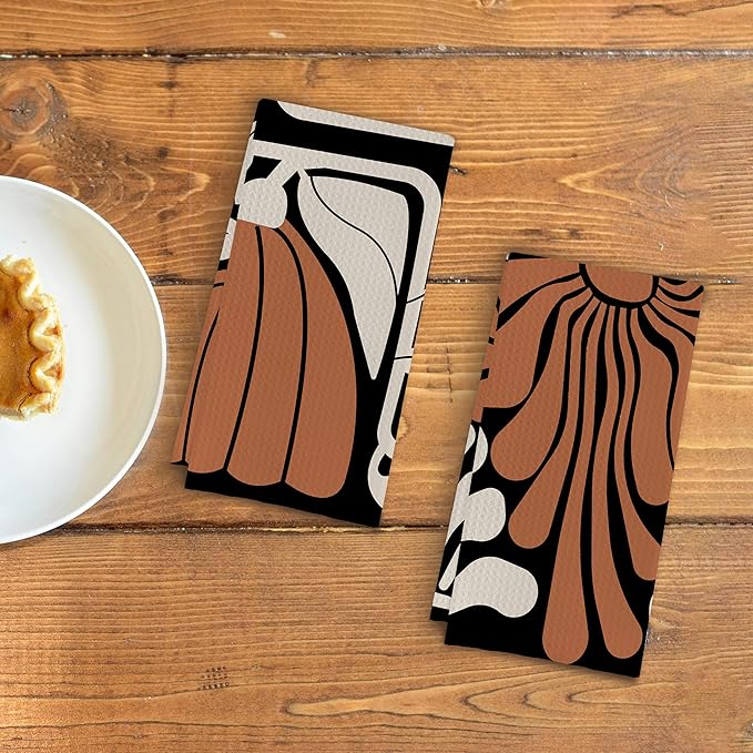 Boho Floral Kitchen Towels Botanical Waffle Weave Tea Towels Black and White Flowers
