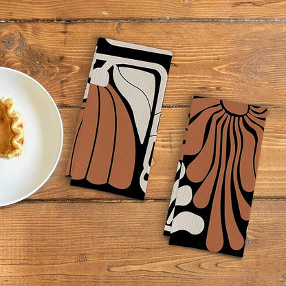 Boho Floral Kitchen Towels Botanical Waffle Weave Tea Towels Black and White Flowers