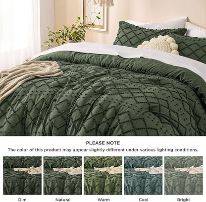 Bedsure Twin XL Comforter Set - Olive Green Comforter, Boho Tufted Shabby Chic Bedding for Kids, 2 Pieces Vintage Farmhouse Bed Set for All Seasons, Fluffy Soft Bedding with 1 Pillow Sham