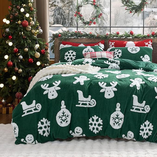 Bedsure Fluffy Christmas Duvet Cover Set - Ultra Soft Plush Shaggy Comforter Cover King Size, Warm Flannel Fleece Bed Sets for Winter, 3 Pieces, Gingerbread Man Pattern, Green