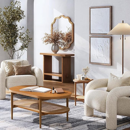 Nathan James Sonia Bohemian 2-Tier Oval Coffee Table, Living Room Cane Table with Storage Shelf and Mid-Century Legs in Honey Brown Wood with Rattan Accent