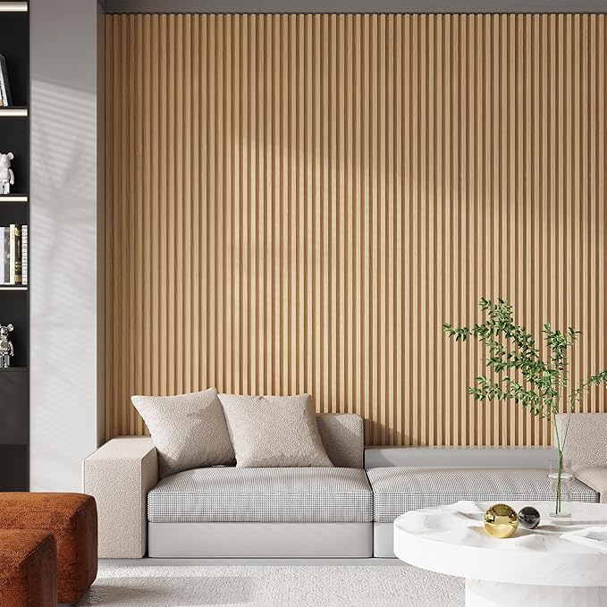 8-Pack WPC Slat Wall Panels - 3D Wall Panels, Water-Proof and Easy Installation, Accent Slat Wall Paneling for Living Room, Office, Teak, 96 x 6.6 Inch