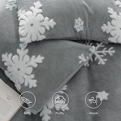 Bedsure Fluffy Duvet Cover Set - Ultra Soft Plush Shaggy Comforter Cover Queen Size, Warm Flannel Fleece Bed Sets for Winter, 3 Pieces, Snowflake Pattern, Grey