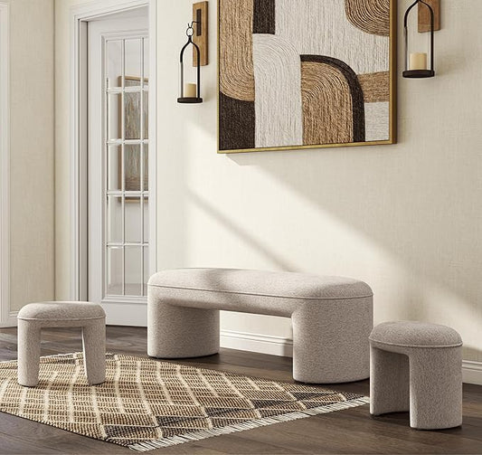 3-Pieces Modern Upholstered Ottoman Waterfall Bench for Bedroom End of Bed Accent Chair, 53" Chenille Entryway Bench Sets, Comfy Indoor Narrow Window Bench Bed Stool Living Room Bedroom, Oatmeal