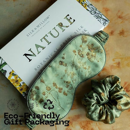 Silk & Willow 100% Pure Mulberry Silk Sleep Eye Mask & Hair Scrunchie Gift Set (Coreopsis Sage)