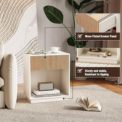 Fluted Nightstands Set of 2, Modern Bedside Table with Drawer and Storage Shelf, Wood End Table Mid Century Night Stands for Bedroom Living Room Office (White+Oak)