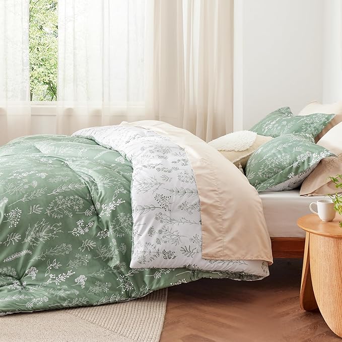 Bedsure Full Comforter Set - Green Bed Set, 3 Pieces Cute Floral Bedding, 1 Soft Reversible Botanical Flowers Comforter and 2 Pillow Shams