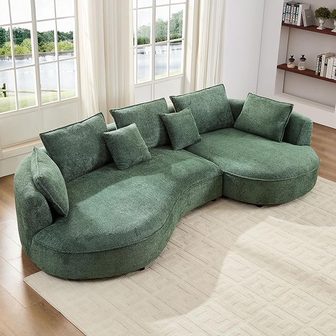 125'' Modern Curved Cloud Sofa Luxury Living Room 5 Seater Combo Sofa Cloud Curve Design Mid Century Upholstered Sofa with Ottoman for Living Room Bedroom Apartment (Boucle, Green)