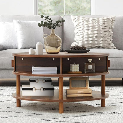 31.5” Round Coffee Table with Storage, Mid Century Modern 2 Tier Coffee Table with Tambour Sliding Door, Solid Wood Legs Fluted Center Table for Living Room Home Office Small Space, Walnut