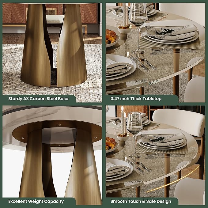 POVISON Round Dining Table for 4, 47" Modern Dining Room Table, Glass Dining Tabletop with Bronze Carbon Steel Pedestal for Dining Room (Dining Table Only)