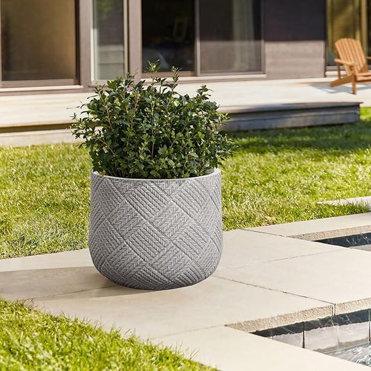 LuxenHome 14-Inch Dia Round Concrete Planters, Large Outdoor Indoor Decorative Plant Pots with Drainage Holes and Rubber Plug, Modern Gray Glen Woven Pattern Flower Pot Planters for Home Garden Patio