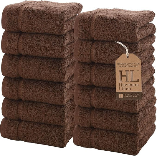 Hawmam Linen Luxury Cotton Washcloths 13x13 Inch - Large Hotel Spa Bath Towels Face Towel 12 Pack, Brown