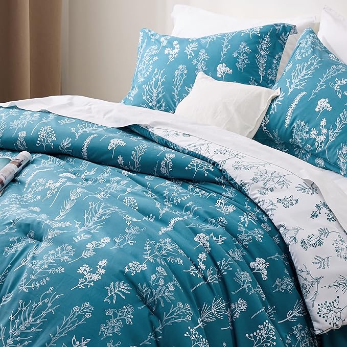 Bedsure Twin/Twin XL Comforter Set - Teal Blue Comforter, Cute Floral Bedding Comforter Sets, Gifts for Woman, 2 Pieces, 1 Soft Reversible Botanical Flowers Comforter and 1 Pillow Sham