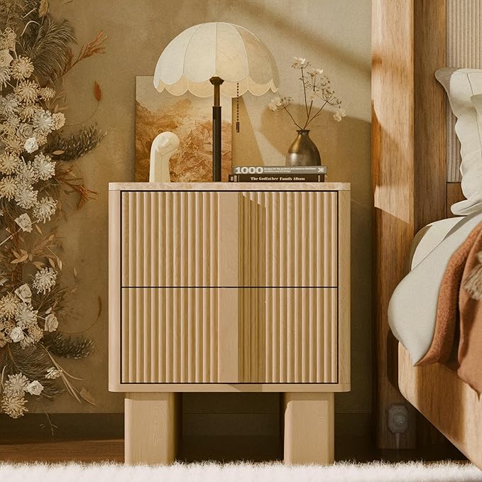 Fluted Night Stand Set 2 with Charging Station, 22" Tall END Table with 2 Large Storage Drawers and 2 Widened Reinforced Legs, Modern Bedside Table for Bedroom, Living Room, Light Oak, 2