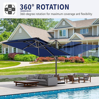 10' X 10' Cantilever Patio Umbrella Outdoor Heavy Duty Double Top Windproof Square Offset Umbrellas with 360-degree Rotation for Pool Deck Backyard, Navy
