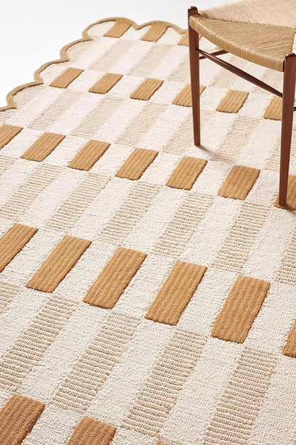 Hand-Tufted Wool Area Rug with Scalloped Edges, Neutral Beige Plaid Pattern, Cozy Soft Accent Rug for Living Room, Bedroom, and Nursery, Handmade Decorative Carpet, 8x8 Ft (Square)