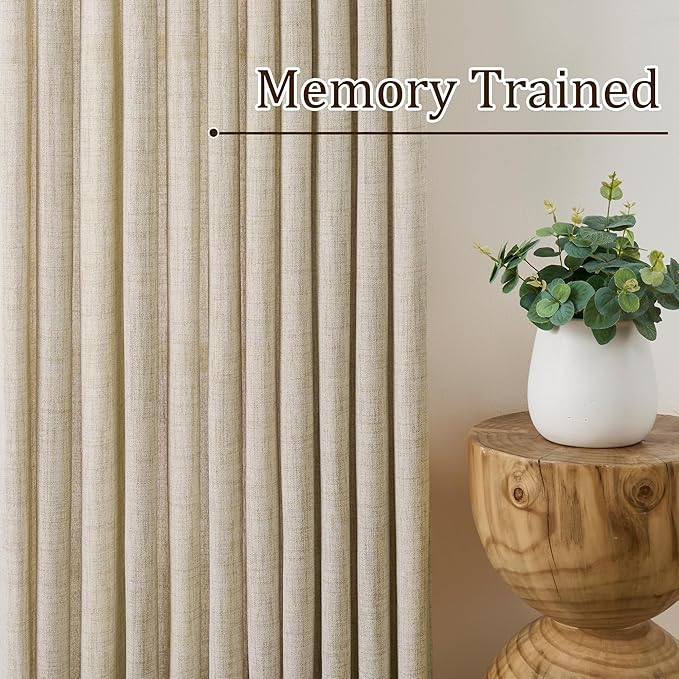 Beige Sheer Curtains 120 Inches Long with Pinch Pleat,Back Tab Pleated Drapes Hooks Thick Linen Textured Boho Farmhouse Extra Long 120 Inch Curtain for Dining Bedroom 42 Inch Wide Each Panel