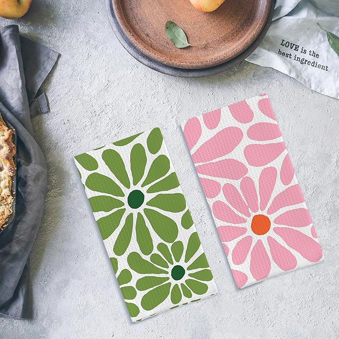 Boho Floral Hand Towels Chamomile Waffle Weave Pink Green Daisy