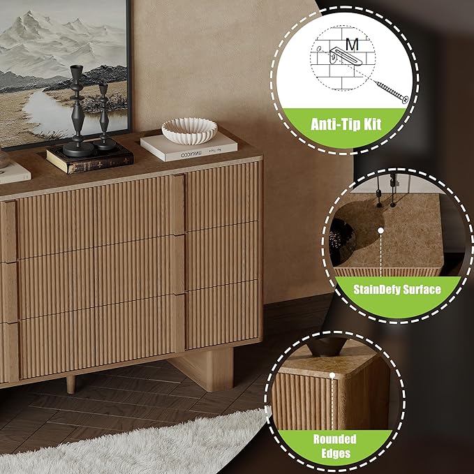 Fluted Dresser for Bedroom with 6 Drawers,47" Wide Modern Chest of Drawers with Wooden Handle, Wooden Dresser TV Stand, Wood Closet Clothes Storage Organizer for Living Room, Hallway, Natural Oak