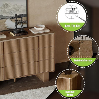 Fluted Dresser for Bedroom with 6 Drawers,47" Wide Modern Chest of Drawers with Wooden Handle, Wooden Dresser TV Stand, Wood Closet Clothes Storage Organizer for Living Room, Hallway, Natural Oak