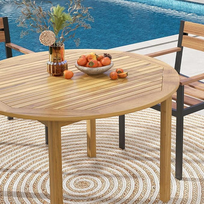 Tangkula Round Outdoor Dining Table, Acacia Wood 4-Person Large Dining Table, Farmhouse Patio Indoor Bistro Table, for Yard Deck Lawn Dining Room