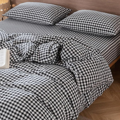 MooMee Gingham Duvet Cover Set 100% Washed Cotton Linen Like Textured Breathable Durable Soft Comfy Modern Checkered Design (Black White Gingham, Full 80"x90")