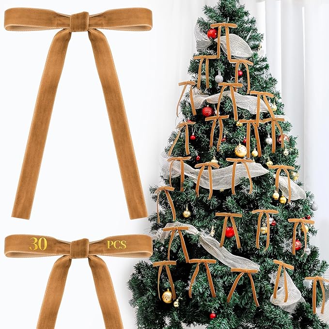 AYGXU 30pcs Velvet Bows for Christmas Tree Decorations,Twist tie Bows,Vintage Christmas Bow Decor,premade Bow for Gift Wrapping,Table,Garland,Fireplace Decor.Khaki(5/8" W,5.1 * 7in)