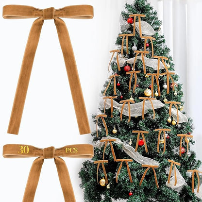 AYGXU 30pcs Velvet Bows for Christmas Tree Decorations,Twist tie Bows,Vintage Christmas Bow Decor,premade Bow for Gift Wrapping,Table,Garland,Fireplace Decor.Khaki(5/8" W,5.1 * 7in)