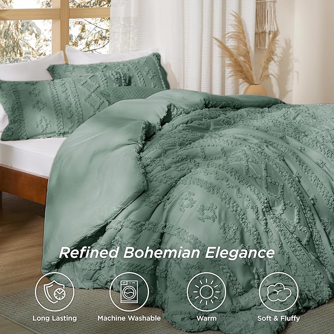 Bedsure Tufted Boho Comforter Set Twin Size - Green Boho Bed Set, GentleSoft™ 2 Pieces Farmhouse Shabby Chic Embroidery Bedding, Gifts for Woman, Soft Jacquard Twin Comforter for All Seasons