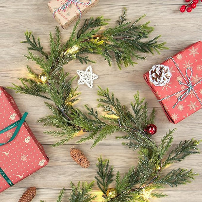 6 FT Artificial Christmas Garland, Faux Spruce Evergreen Garland with 20 LED Lights, Red Gold Ball Ornaments and Stars, Lighted with Timer, Perfect for Christmas Indoor Outdoor Decoration