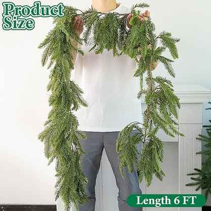 Watayo 6 Ft Christmas Norfolk Pine Garland, 3 Fork Dense Real Touch Pine Garland Ornament, Realistic Artificial Pines Greenery Garlands for Christmas Holiday Mantle Fireplace Table Home Decor
