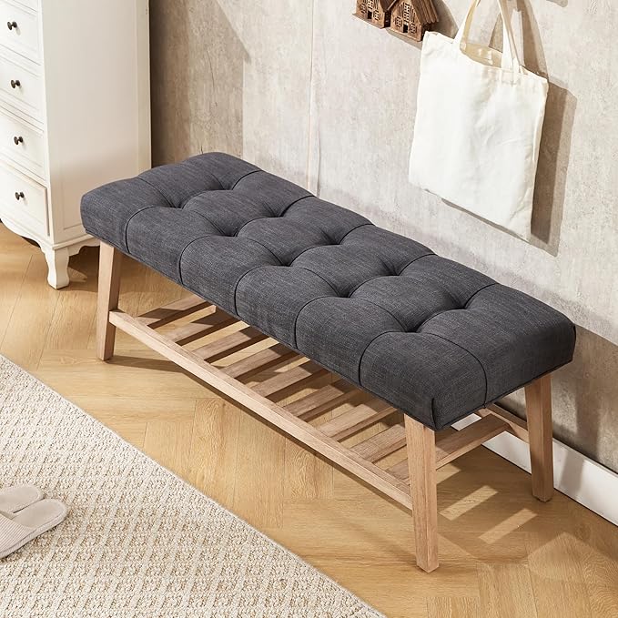 Farmhouse Storage Entryway Bench with Shoe Shelf, Linen Fabric Upholstered 2 Tier Button Tufted Bench with Wooden Frame for End of Bed/Hallway/Reception/Living Room, Charcoal