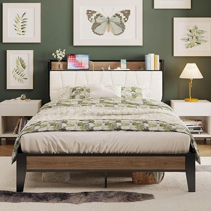 LIKIMIO Full Bed Frames, Storage Headboard with Charging Station, Solid and Stable, Noise Free, No Box Spring Needed, Easy Assembly, Wood and Cream
