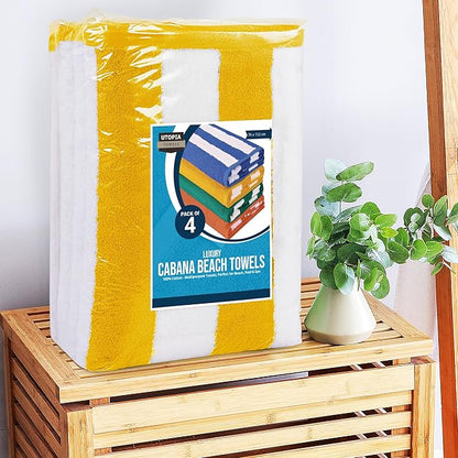 Utopia Towels 4 Pack Cabana Stripe Beach Towel Oversized 100% Ring Spun Cotton Beth Towels Highly Absorbent Quick, Yellow
