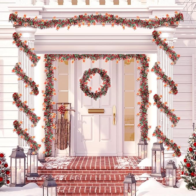 Christmas Garland Decorations 33 FT Red Green Christmas Tinsel Garland with Gingerbread Man Ornaments, Metallic Christmas Tree Garland Indoor Outdoor for Home Mantle Fireplace Xmas Holiday Party Decor