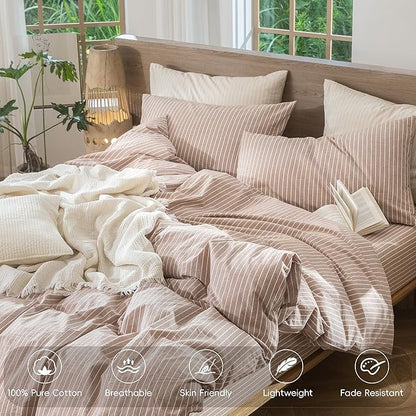 MooMee Striped Duvet Cover Set 100% Washed Cotton Linen Like Textured Breathable Durable Soft Comfy (Orange White Wide Stripes, Super Queen 90"x98")