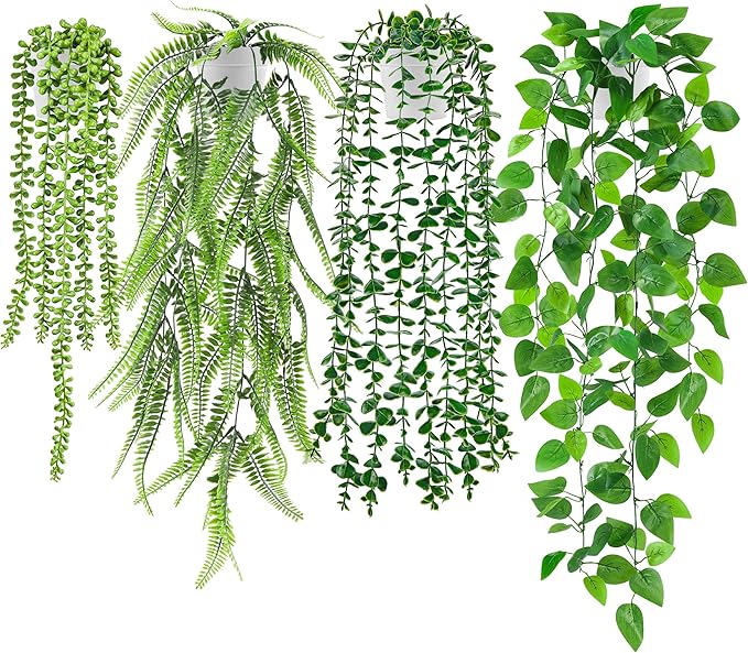 Der Rose 4Pcs Fake Plants Hanging Artificial Ivy Vine Faux Eucalyptus Hanging Plants, Boston Fern, String of Pearls for Living Room Bedroom Boho Wall Shelf Indoor Outdoor Decor (White Pots)