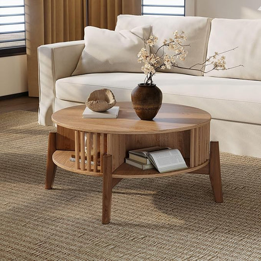 LuxenHome Round Coffee Table with Storage, 31.5" Oak Finish Wood Accent Tables with Wood Legs, Boho Center Table for Living Room, Wooden Circle Coffee Table with Open Storage for Home Office