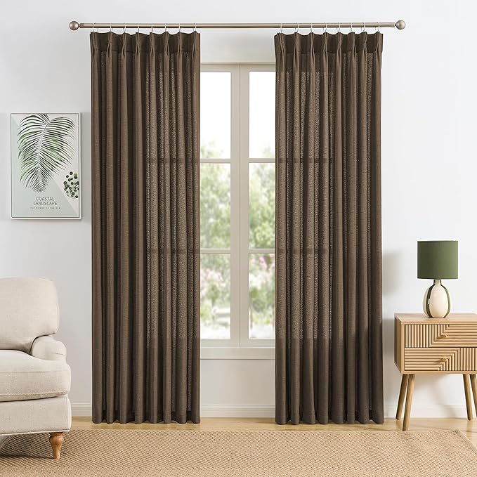 Brown Pleated Linen Curtains 86 Inches Long Farmhouse Semi Sheer Memory Trained Shape Pinch Pleat Drapes with Hooks Back Tab Ripple Fold Curtain for Bedroom Living Room 50x86