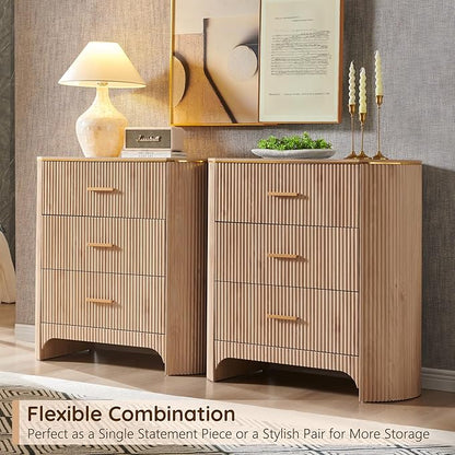 Fluted 3 Drawers Nightstand with Charging Station,31.7" W Bedside Table with Curved Profile Design,End Table Storage with USB Ports for Bedroom,Living Room,Gold Metal Handle,Light Oak