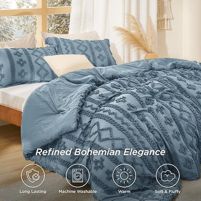 Bedsure Tufted Boho Comforter Set King Size - Grayish Blue Boho Bed Set, GentleSoft™ 3 Pieces Farmhouse Shabby Chic Embroidery Bedding, Gifts for Woman, Soft Jacquard King Comforter for All Seasons