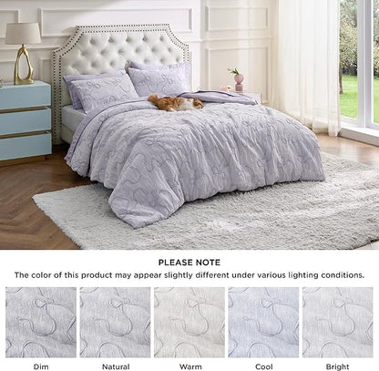 Bedsure Twin Size Comforter Set, Light Purple Boho Tufted Bed Set, 3D Puffy Jacquard Bedding Twin Size, 2 Pieces, 1 Farmhouse Shabby Chic Embroidery Comforter with Bow Pattern & 1 Pillow Case